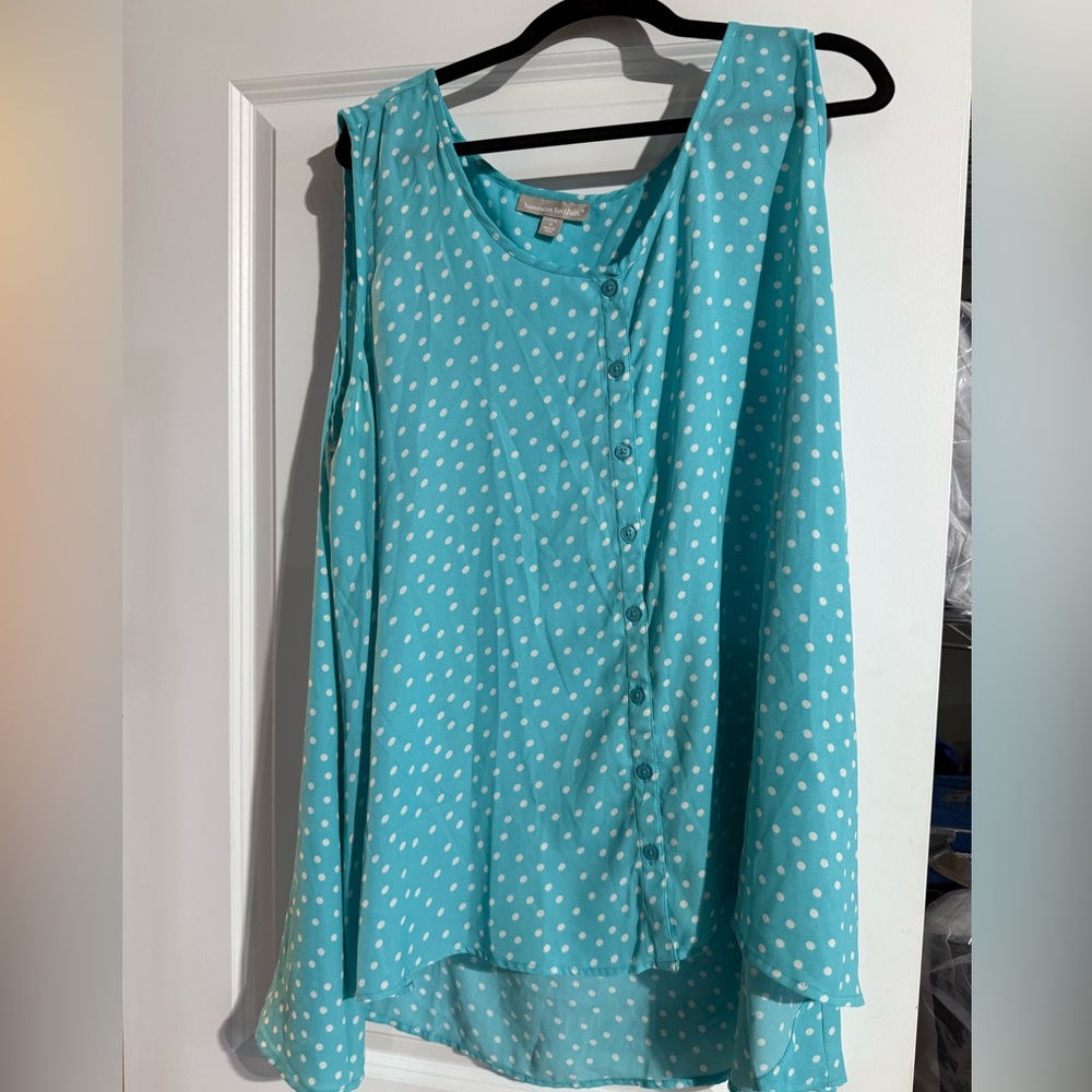 Woman Within Blue Asymmetrical Buttoned Blouse